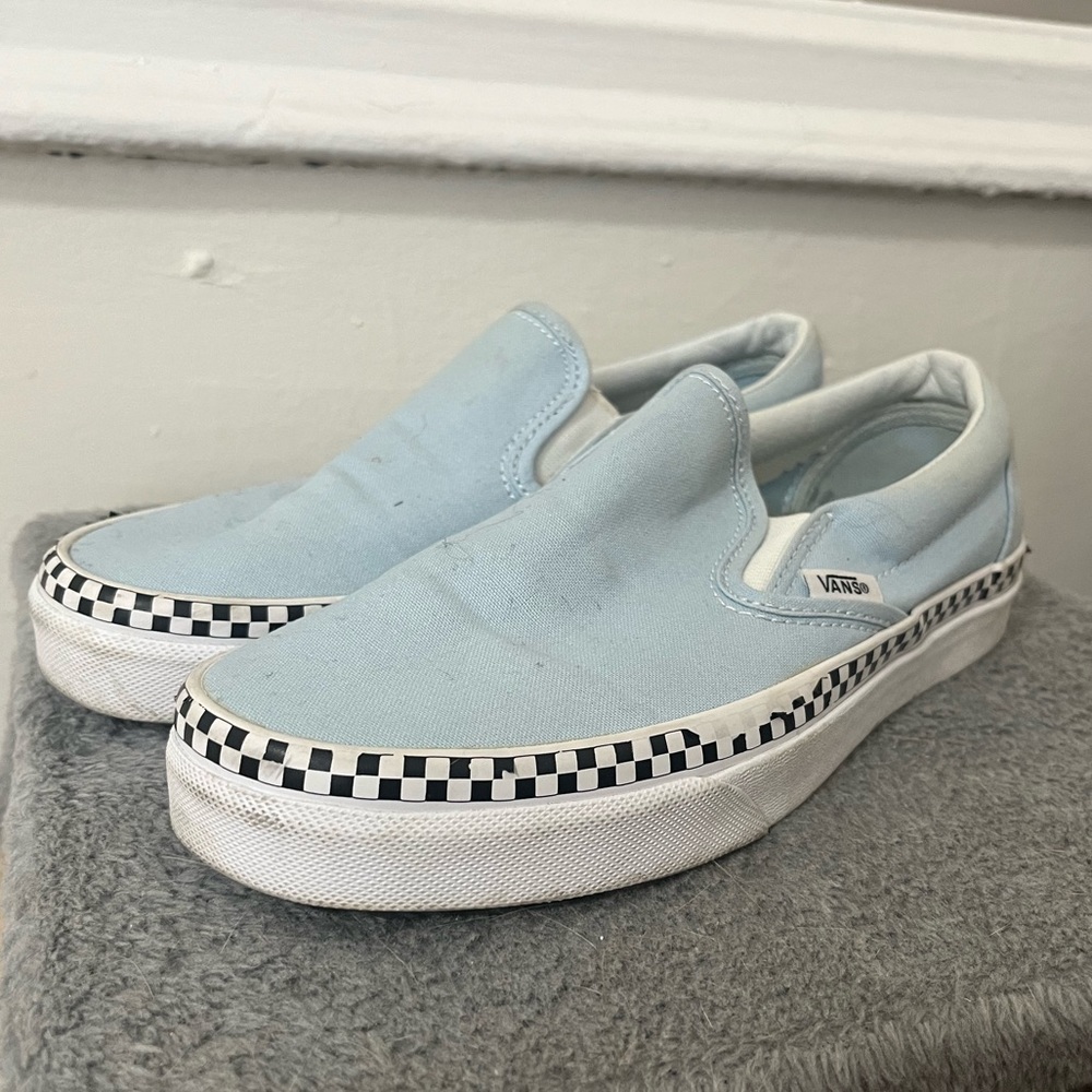 Vans light blue checkered slip ons Size 7.5